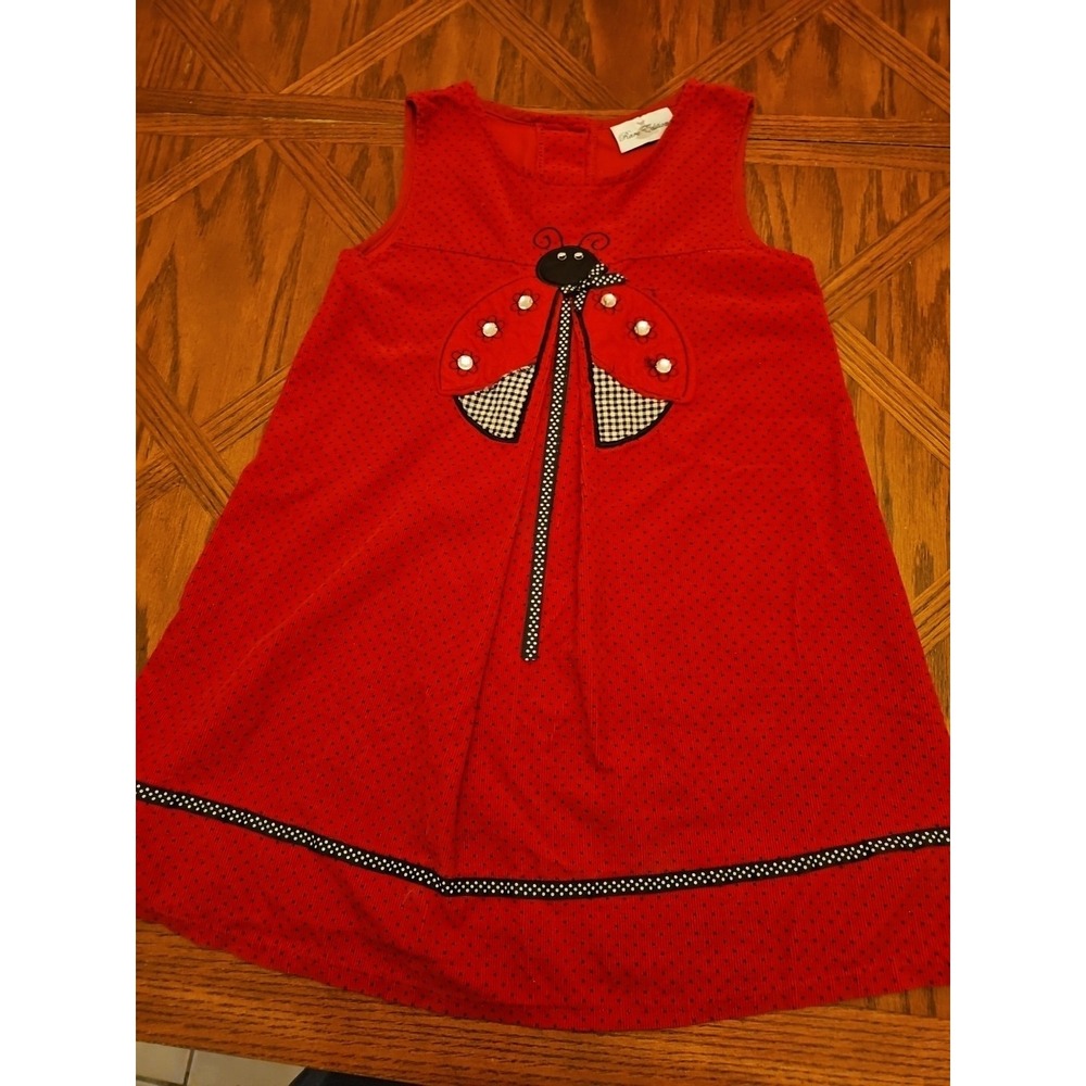 Rare‎ Editions Vintage Little Girls Dress 6X Lady Bug Polkadots Red Corduroy